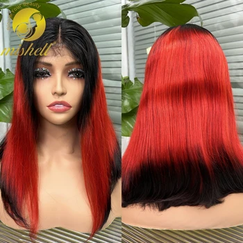 1B-Красный прямой парик боб 4x4 прозрачная кружевная застежка парики из натуральных волос для женщин 14-дюймовые предварительно выщипанные бразильские волосы реми короткие парики