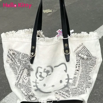 Hello Kitty Женские сумки через плечо Kawaii Girl Вышитая холщовая сумка высокой емкости Женская сумка через плечо Симпатичная повседневная сумка