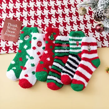 Рождественские носки с вышивкой из кораллового бархата Женский зимний пол Милые мультяшные утолщенные теплые плюшевые зимние носки для сна