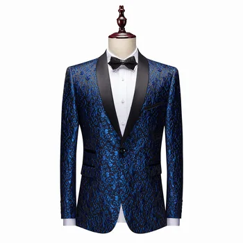 Мужской пиджак с галстуком-бабочкой Синий розовый золото Жаккардовая ткань Мода Свадебное платье Пальто Одна пуговица Элегантный мужской блейзер