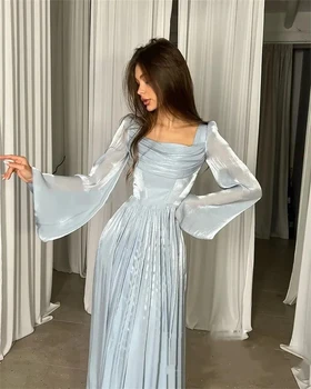 Небесно-голубые вечерние платья плиссированные с длинными рукавами органза А-образный силуэт с квадратным воротником Саудовская Аравия Выпускные платья Свадебные платья для вечеринок Женщины