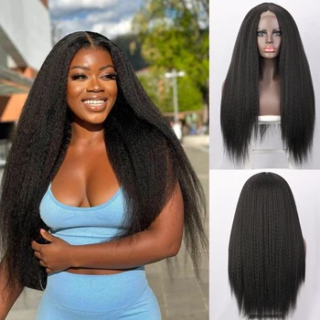 30 дюймов Yaki Straight Wig Длинные извращенные прямые парики для чернокожих женщин Ежедневное использование Натуральный синтетический парик средней части Термостойкий