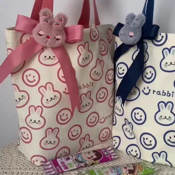 Custom 2023 Симпатичный кролик Ручной холст Студентка Ins School Lunch Box Lunch Bag Rice Bag Hand Holding Gift