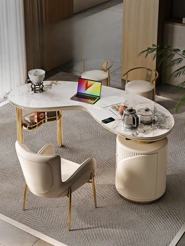 Светлый роскошный чайный столик с каменной плитой, офисный стол, стол для заваривания чая в современном стиле, высококачественный изогнутый стол, письменный стол