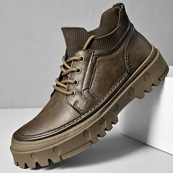 2023 Новая мужская повседневная кожаная обувь из натуральной кожи Британская мужская обувь в стиле ретро Универсальная модная рабочая обувь с толстой подошвой
