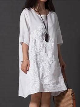 2023 Новое белое розовое свободное летнее платье миди с вышивкой для женщин Большой размер литературы Хлопчатобумажные льняные платья с половиной рукава Vestido