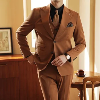 Роскошный пиджак + жилет + брюки Набор из 3 предметов для мужчин Свадебный жених Бутик Мужчины Костюмы Dreess Деловой однобортный костюм Homme
