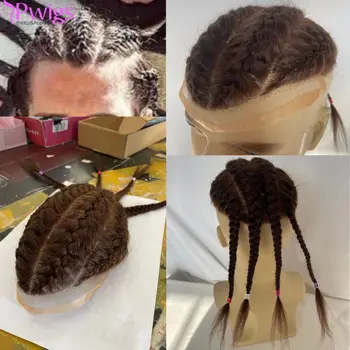 Pwigs 12-дюймовый парик с четырьмя косами Парик с двойными косами для кавказских мужских шиньонов Натуральные волосы Моно База с PU Hair Systems