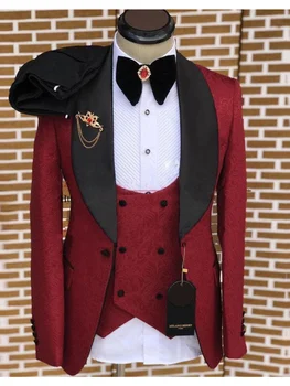 Бордовый узор Пейсли Мужские костюмы Выпускной смокинг Костюмы для мужчин 3 шт. Формальный приталенный смокинг Мужской жених Блейзеры