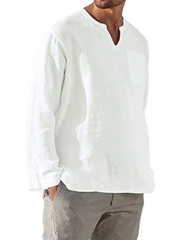 2023 Мужская хлопковая льняная футболка с длинным рукавом Хиппи Повседневная пляжная винтажная свободная пуловерная топы с V-образным вырезом Мужские футболки Уличная одежда