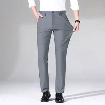 летние мужские эластичные деловые повседневные брюки с высокой талией 2023 Новые мужские свободные прямые удобные мягкие прохладные костюмные брюки серый черный