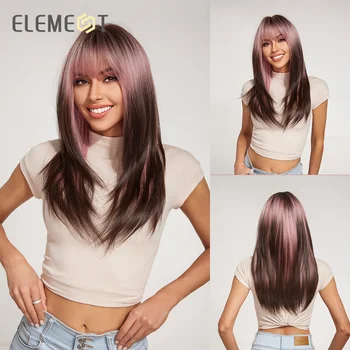  Element Средняя длина Синтетические прямые натуральные парики омбре розового смешанного темного цвета с челкой Термостойкие парики для вечеринок для женщин