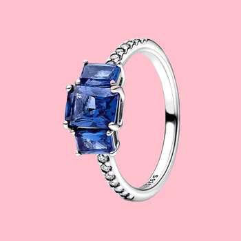 925 Серебро Pandora Blue Прямоугольное сверкающее кольцо с тремя камнями подходит для оригинальных модных ювелирных изделий для женского подарка с тканевой сумкой