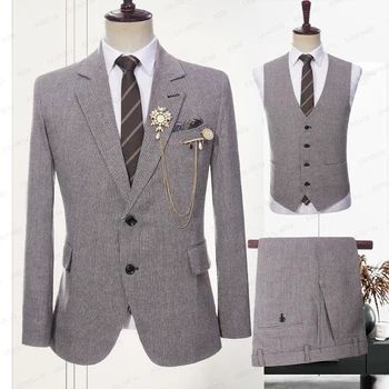 2023 Новые мужские высококачественные деловые льняные костюмы коричневый белый елочкой свадебное платье жениха смокинг 3 шт. комплект (куртка + жилет + брюки)
