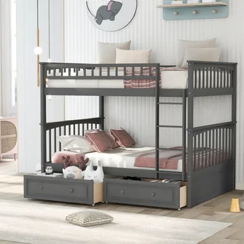 Полноценная двухъярусная кровать с выдвижными ящиками, раскладные кровати, с подлокотником и местом для хранения, подходит для детской комнаты