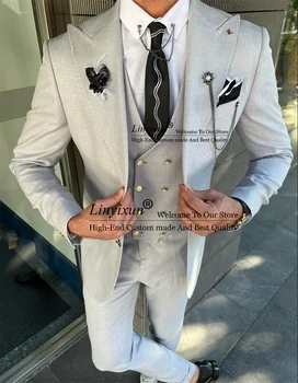 Формальный серый мужской костюм для свадьбы Slim Fit Жених Смокинги 3 шт. Набор Деловой Мужской Выпускной Блейзеры Жених Наряд Костюм Homme