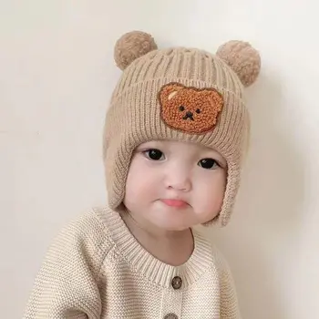 Зимняя детская шапка-бини Мультяшный медведь Защита ушей Вязаная шапка для малышей Мальчики Девочки Милые корейские теплые детские вязаные шапки Gorros