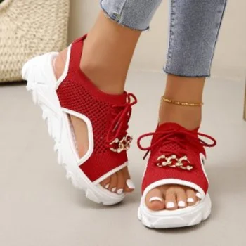 Летние новые женские сандалии сетчатая повседневная обувь белая сандалия на толстой подошве на шнуровке с открытым носком пляжная обувь для женщин Zapatos Mujer