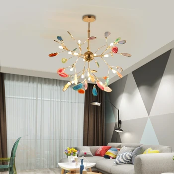 2021 Покрытая золотом роскошная светодиодная агатовая люстра лампа освещения в комплекте скандинавская кухонная люстра для гостиной / столовой / спальни