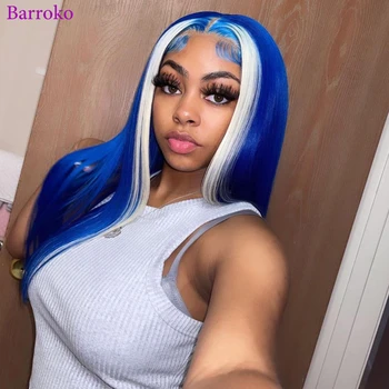 Barroko 613 Highlight Blue Color Straight 180% 13x6 Прозрачный кружевной передний парик Человеческие волосы 14-34 дюйма Предварительно выщипанный парик для волос Реми
